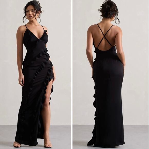 NWT Club L London Run The World Ruffle Maxi Dress In Black - Picture 1 of 9